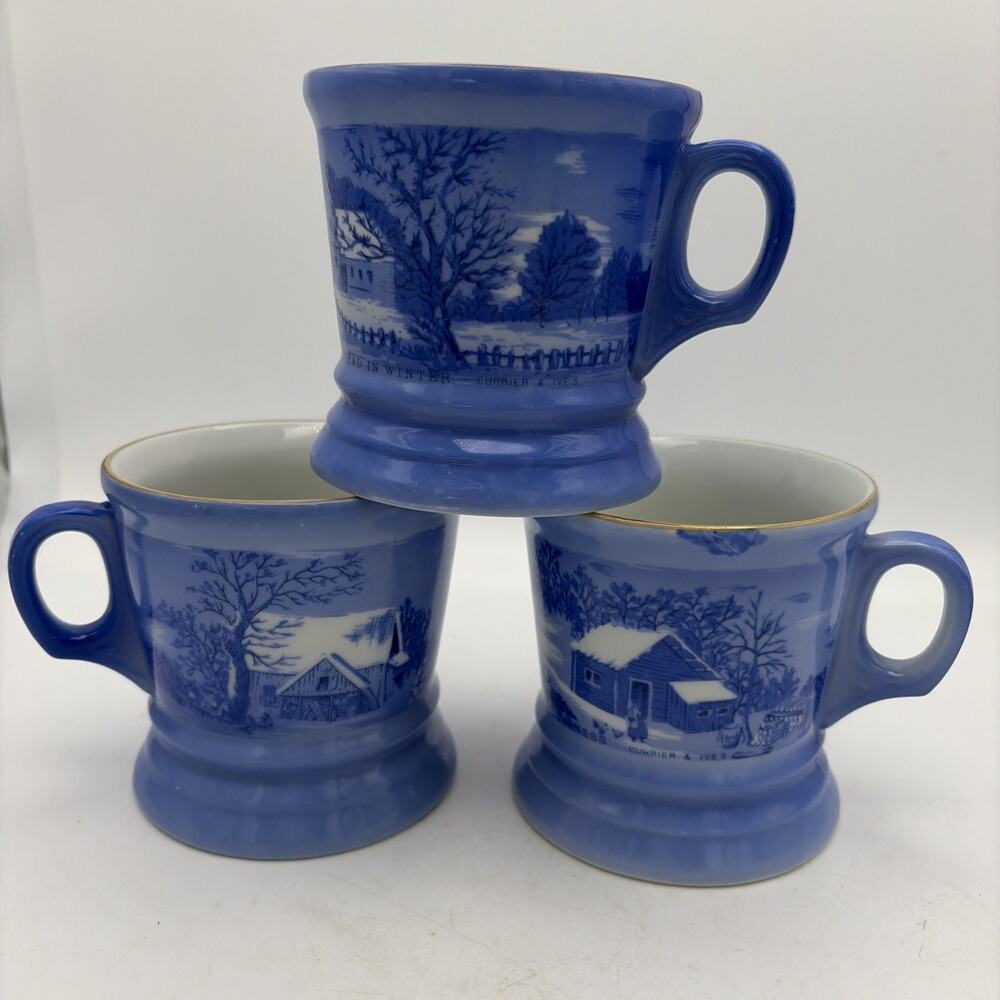 3 Currier and Ives Mugs Old Homestead In Winter Blue White Gold Trim vintage